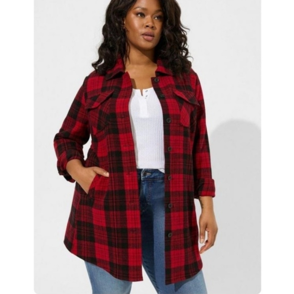 Torrid Plus Size 26 Longline Wool Shacket Red Black Buffalo Plaid